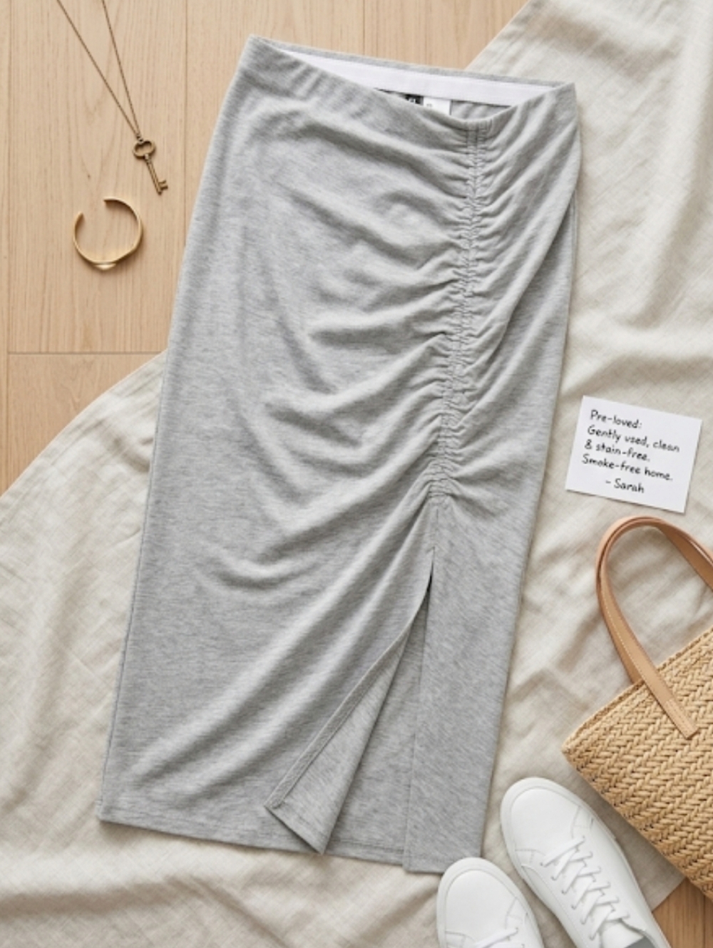 H&M Midi Skirt Gray Jersey Fabric with Side Ruching & Front Slit Women's Size XS